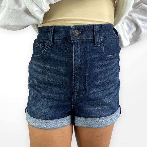 AMERICAN EAGLE Dark Wash Curvy Super Hi-Rise Next Level Stretch Shorts - Picture 9 of 9